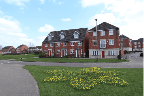 A grassed area featuring the Marie Curie logo, a large daffodil, comprised of many smaller individual daffodils, with a street and houses in the background